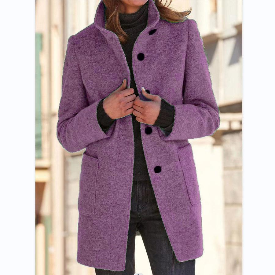 Women's Wool Blend Coat - Stand Collar Button-Front Midi Coat