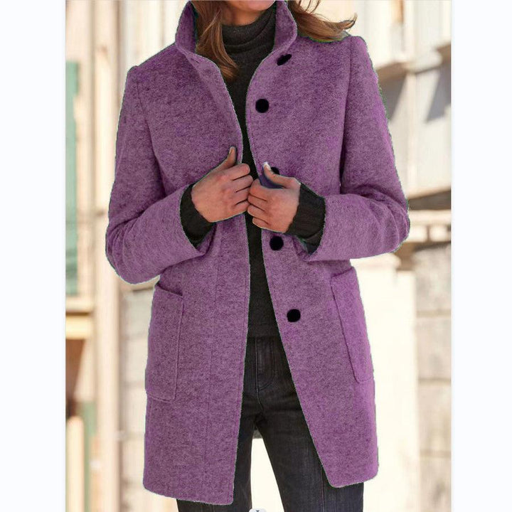 Women's Wool Blend Coat - Stand Collar Button-Front Midi Coat