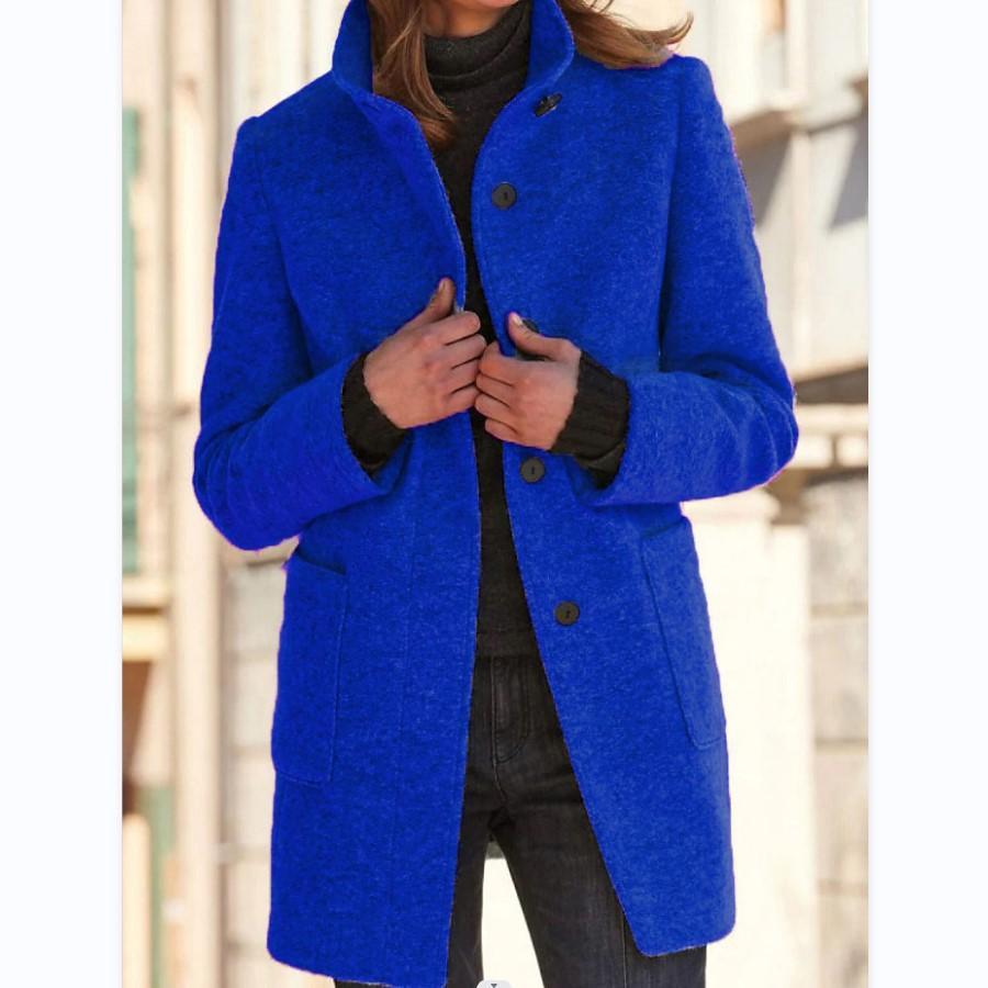 Women's Wool Blend Coat - Stand Collar Button-Front Midi Coat