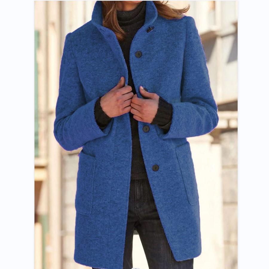 Women's Wool Blend Coat - Stand Collar Button-Front Midi Coat