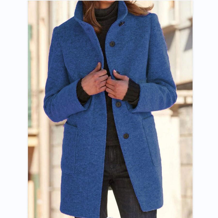 Women's Wool Blend Coat - Stand Collar Button-Front Midi Coat