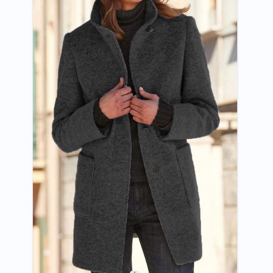 Women's Wool Blend Coat - Stand Collar Button-Front Midi Coat