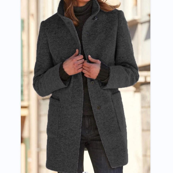 Women's Wool Blend Coat - Stand Collar Button-Front Midi Coat