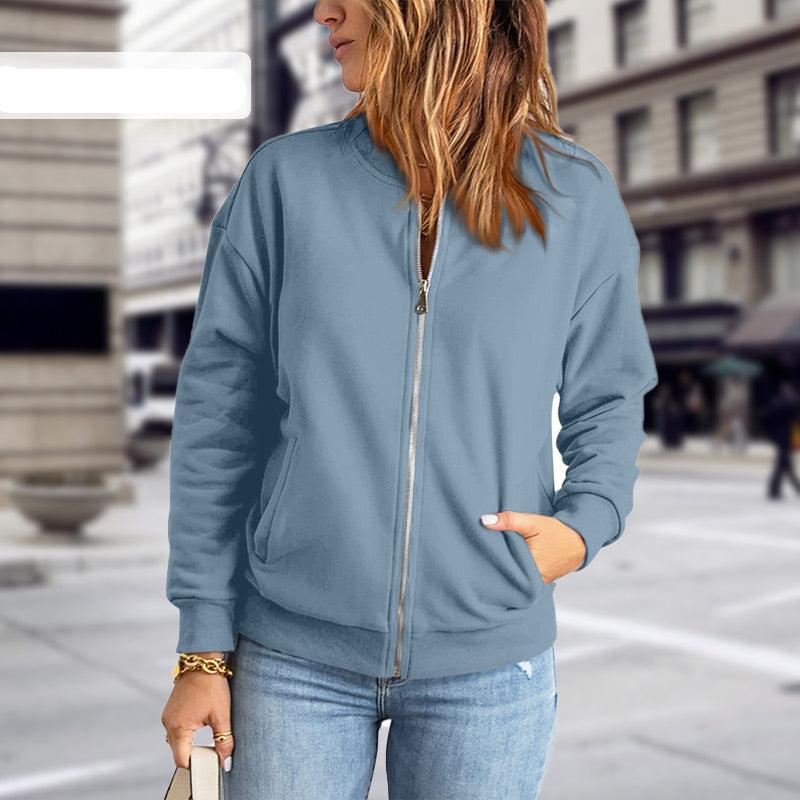 Women's Zip-Up Bomber Jacket - Stand Collar Long Sleeve