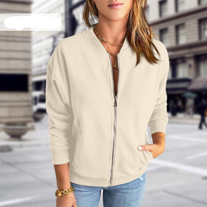 Women's Zip-Up Bomber Jacket - Stand Collar Long Sleeve