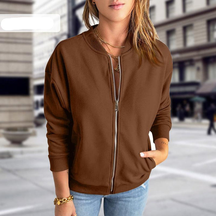 Women's Zip-Up Bomber Jacket - Stand Collar Long Sleeve
