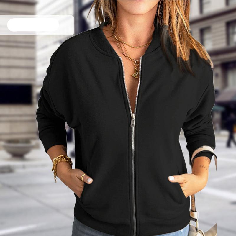 Women's Zip-Up Bomber Jacket - Stand Collar Long Sleeve