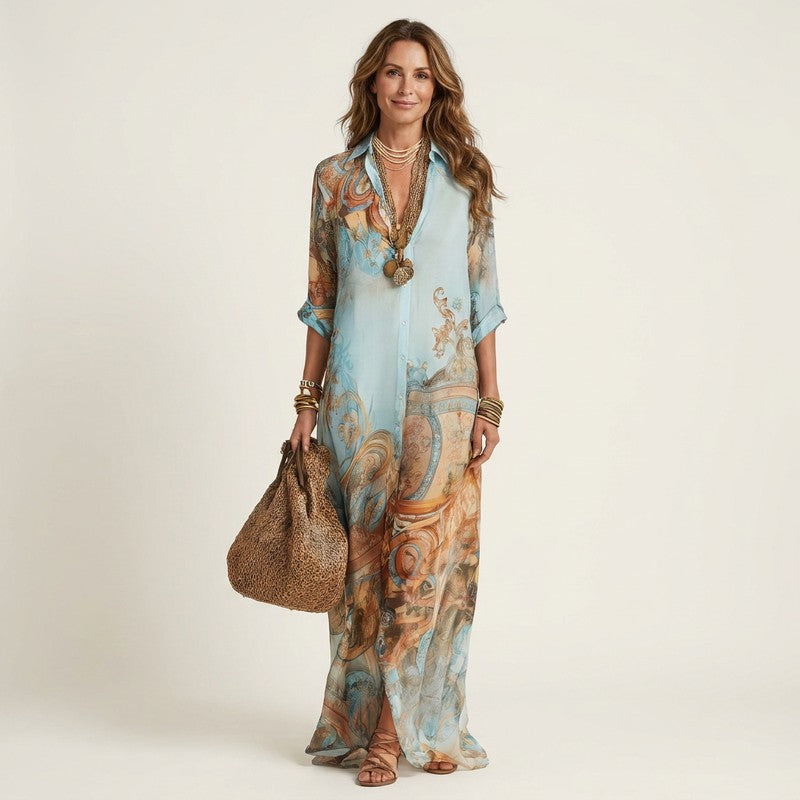 Women's Button-Front Maxi Dress - Baroque Print