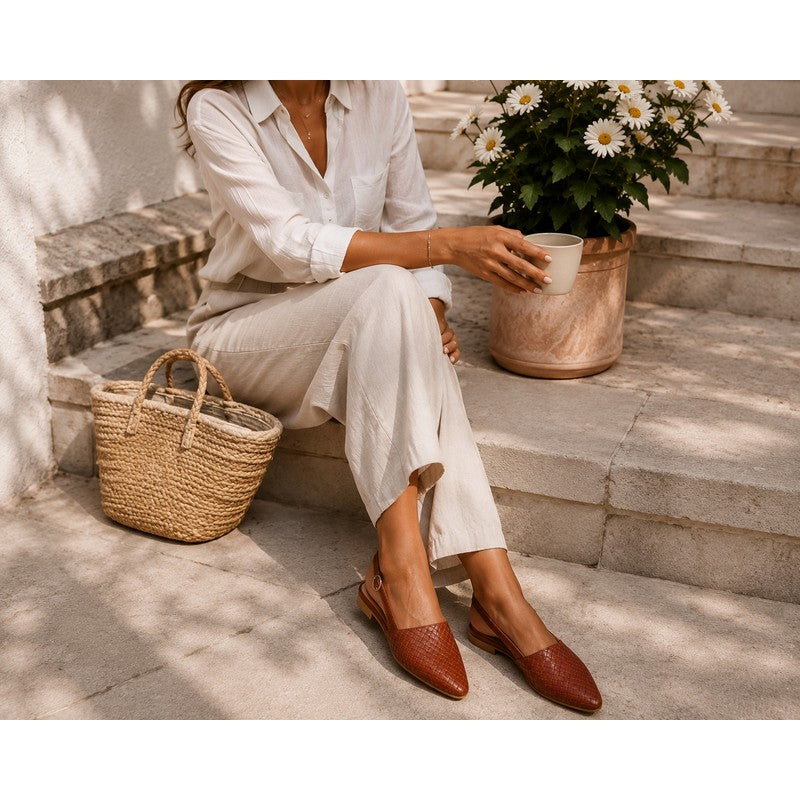 Women's Flat Slingback Shoe - Pointed Toe Adjustable Strap