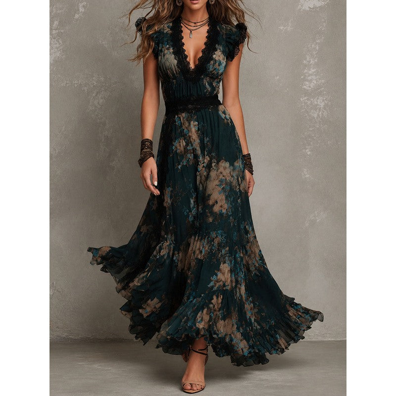 Women's Floral Maxi Dress - V-Neck Tiered Skirt