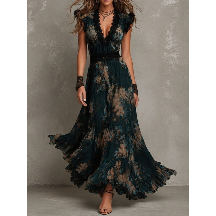 Women's Floral Maxi Dress - V-Neck Tiered Skirt