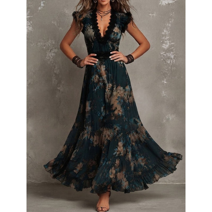 Women's Floral Maxi Dress - V-Neck Tiered Skirt
