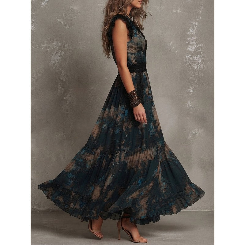 Women's Floral Maxi Dress - V-Neck Tiered Skirt