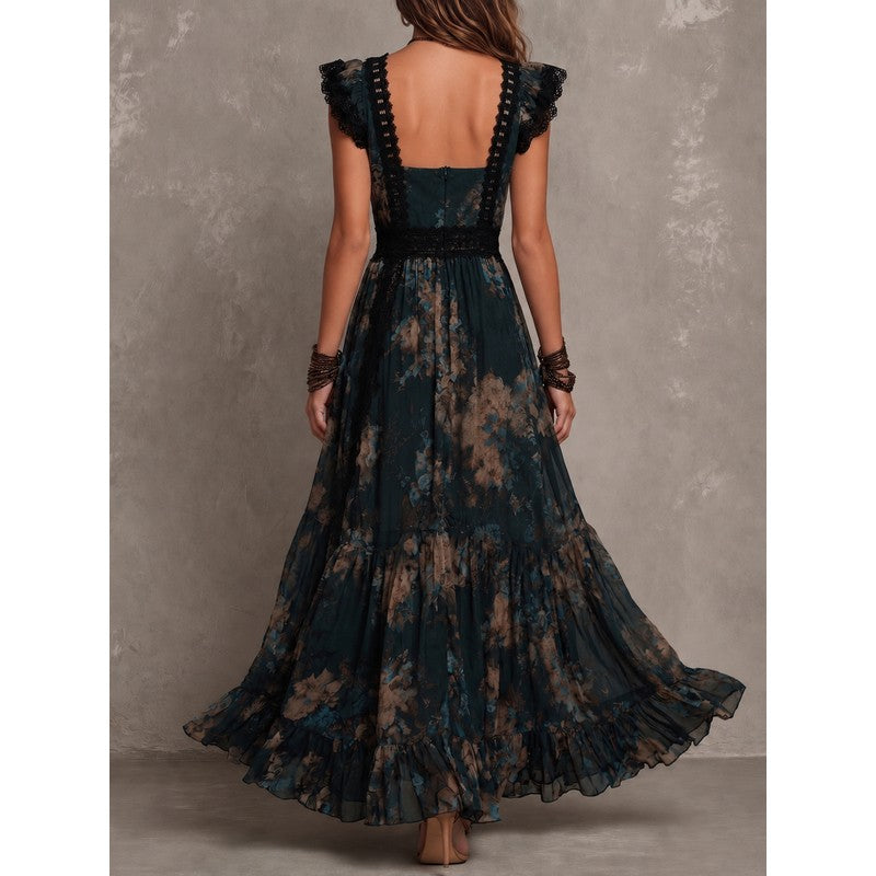 Women's Floral Maxi Dress - V-Neck Tiered Skirt