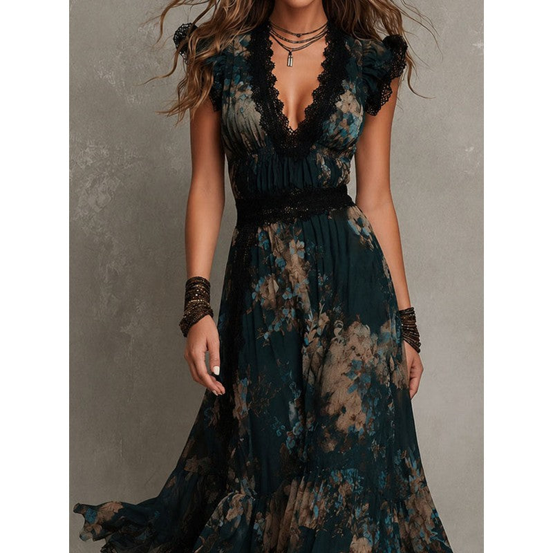 Women's Floral Maxi Dress - V-Neck Tiered Skirt