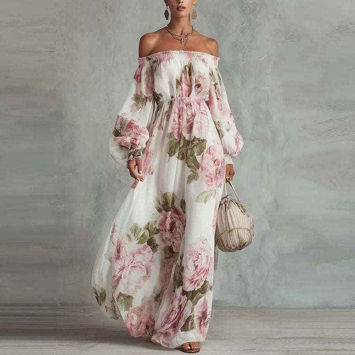 Women's Floral Off-Shoulder Maxi Dress - Peony Print