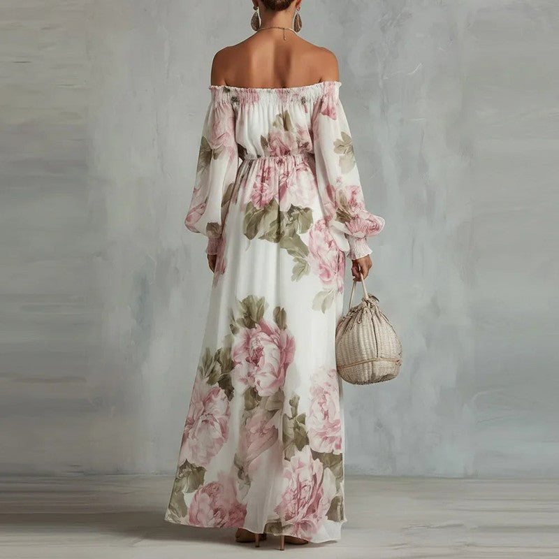 Women's Floral Off-Shoulder Maxi Dress - Peony Print