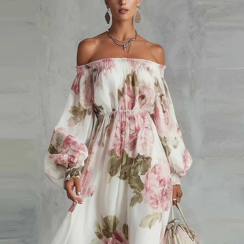 Women's Floral Off-Shoulder Maxi Dress - Peony Print