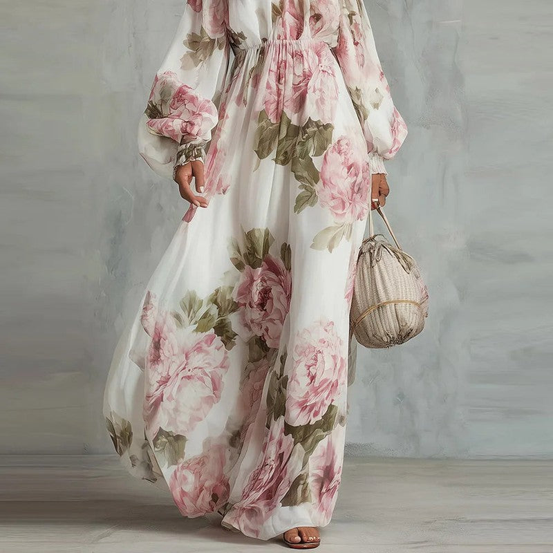 Women's Floral Off-Shoulder Maxi Dress - Peony Print
