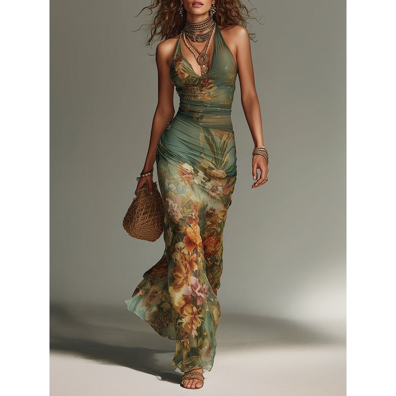 Women's Floral Print Maxi Dress - Halter Neck Mermaid Hem