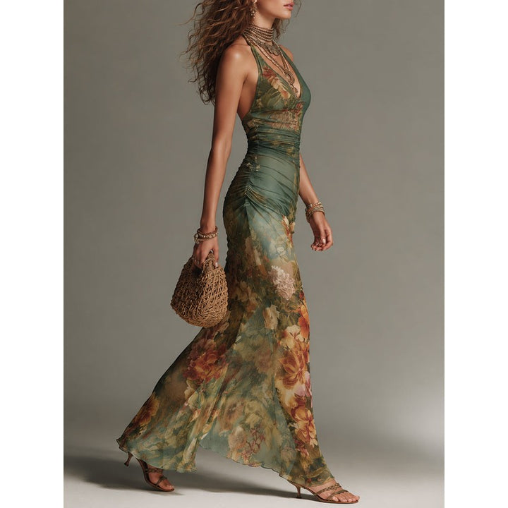 Women's Floral Print Maxi Dress - Halter Neck Mermaid Hem