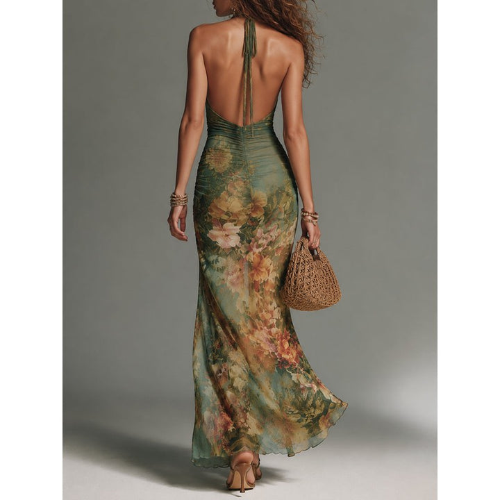 Women's Floral Print Maxi Dress - Halter Neck Mermaid Hem
