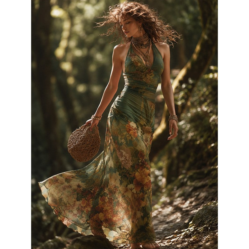 Women's Floral Print Maxi Dress - Halter Neck Mermaid Hem