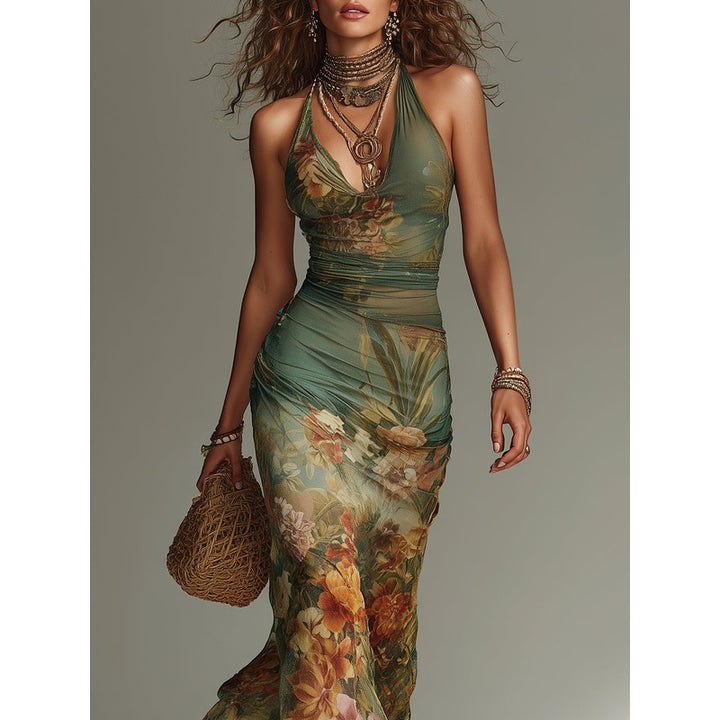 Women's Floral Print Maxi Dress - Halter Neck Mermaid Hem