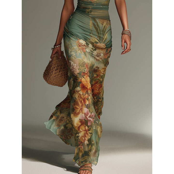 Women's Floral Print Maxi Dress - Halter Neck Mermaid Hem