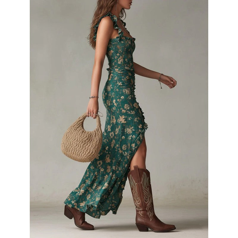 Women's Floral Print Maxi Dress - Square Neck Ruffle Trim