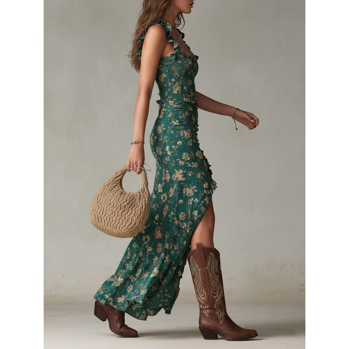 Women's Floral Print Maxi Dress - Square Neck Ruffle Trim