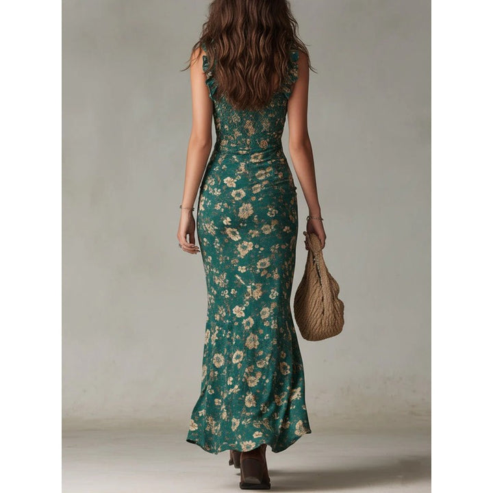 Women's Floral Print Maxi Dress - Square Neck Ruffle Trim