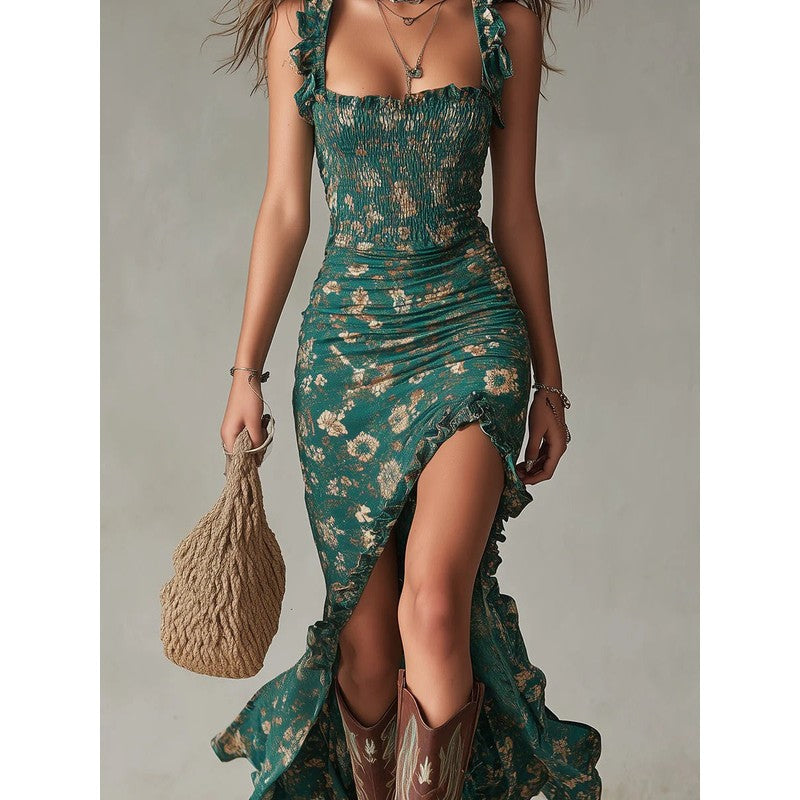 Women's Floral Print Maxi Dress - Square Neck Ruffle Trim