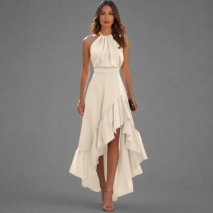 Women's Halter Neck Maxi Dress - Asymmetrical Ruffle Hem
