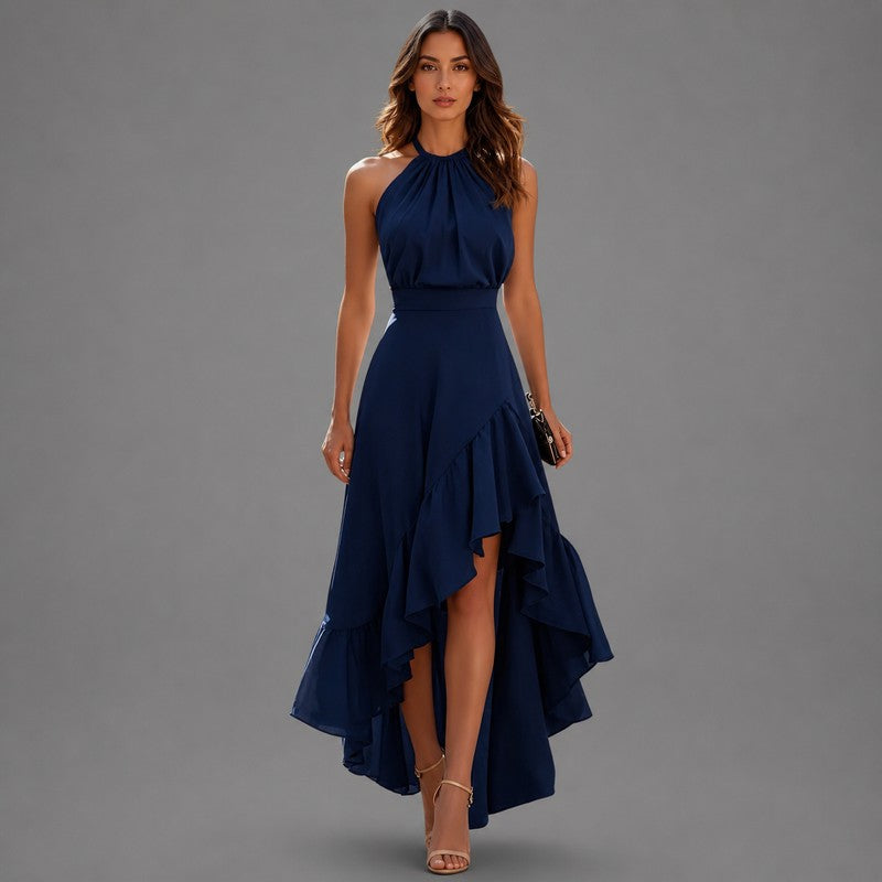 Women's Halter Neck Maxi Dress - Asymmetrical Ruffle Hem