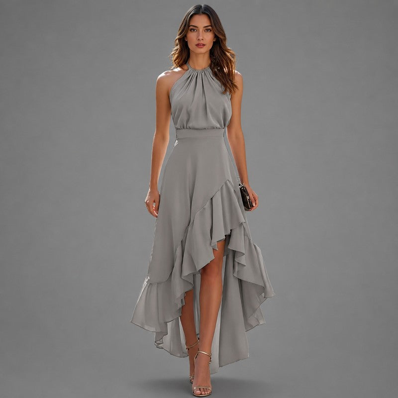 Women's Halter Neck Maxi Dress - Asymmetrical Ruffle Hem