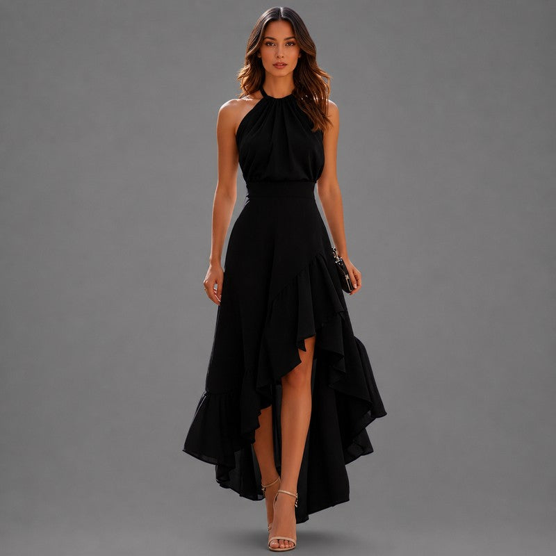 Women's Halter Neck Maxi Dress - Asymmetrical Ruffle Hem