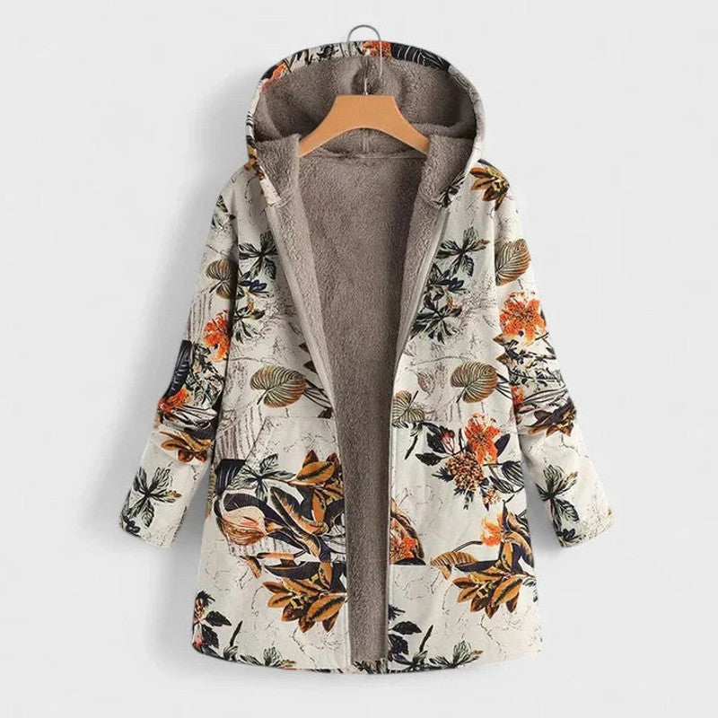 Women's Hooded Winter Coat - Patchwork Print