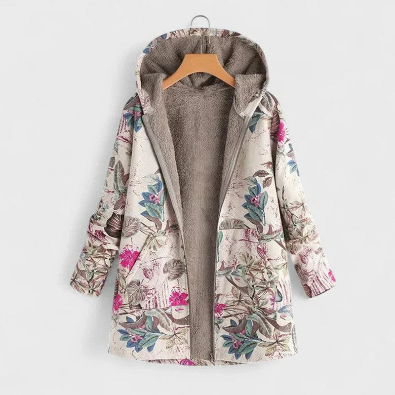 Women's Hooded Winter Coat - Patchwork Print