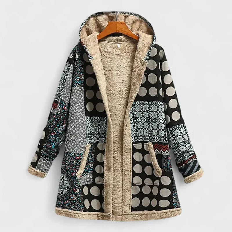 Women's Hooded Winter Coat - Patchwork Print