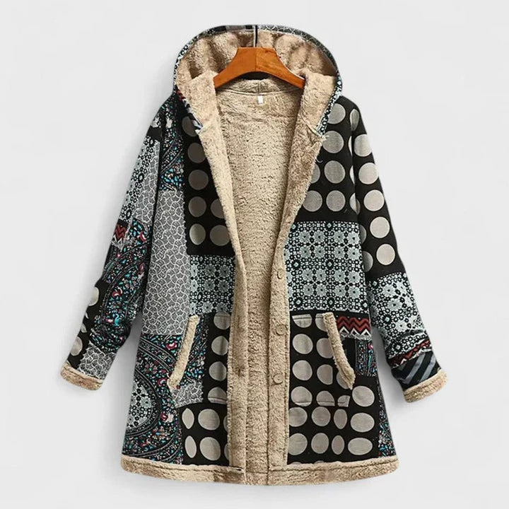 Women's Hooded Winter Coat - Patchwork Print