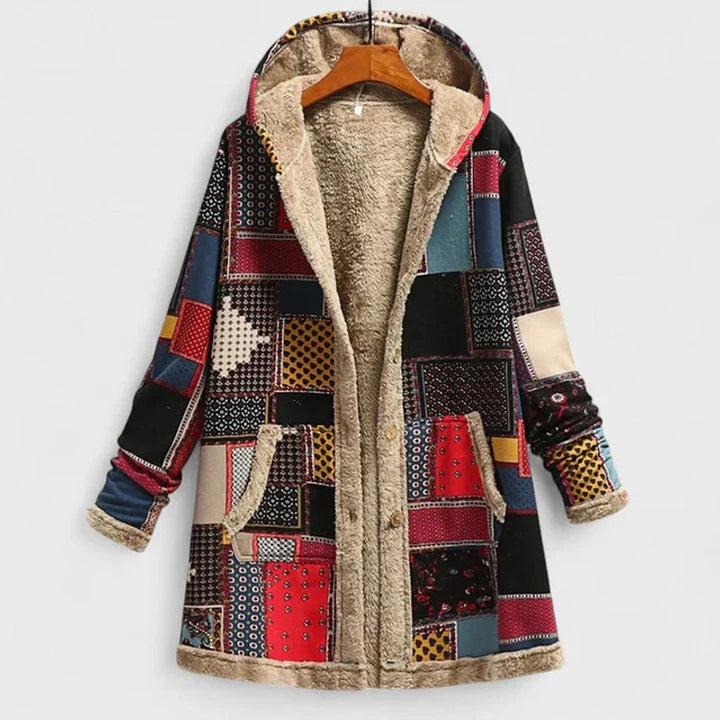 Women's Hooded Winter Coat - Patchwork Print