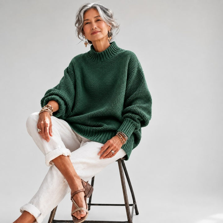 Women's Knit Sweater - Drop Shoulder Mock Neck