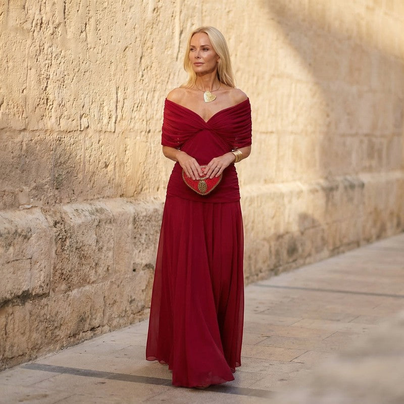 Women's Long V-Neck Dress - Flowing Floor-Length Silhouette
