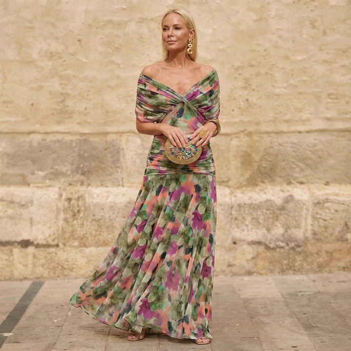 Women's Long V-Neck Dress - Flowing Floor-Length Silhouette