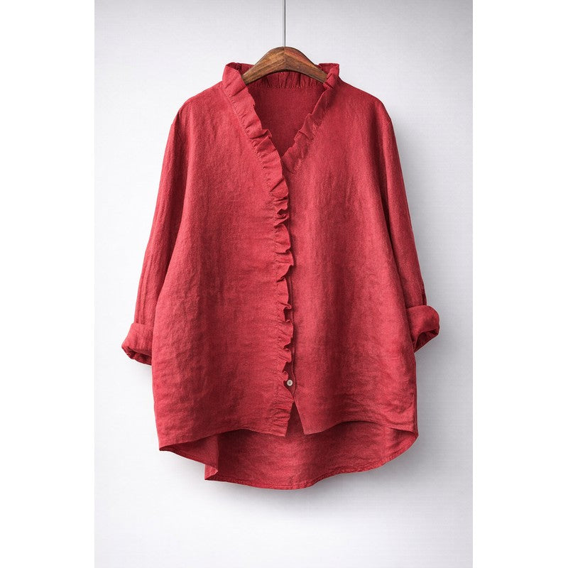 Women's Longline Button-Front Shirt - Ruffled V-Neckline