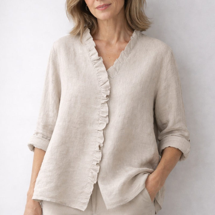 Women's Longline Button-Front Shirt - Ruffled V-Neckline