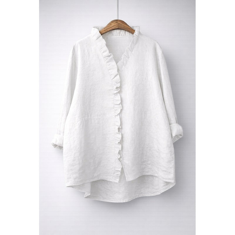 Women's Longline Button-Front Shirt - Ruffled V-Neckline