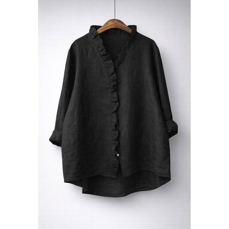 Women's Longline Button-Front Shirt - Ruffled V-Neckline