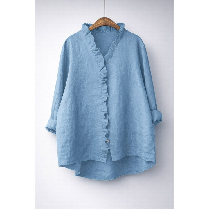 Women's Longline Button-Front Shirt - Ruffled V-Neckline